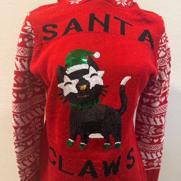 Santa Claws Cat Ugly Christmas Sweater Hoodie Red Sequin Holiday Knit Medium - Picture 4 of 10